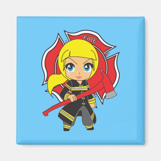 Kawaii Blonde Firefighter Girl Magneet (Voorkant)