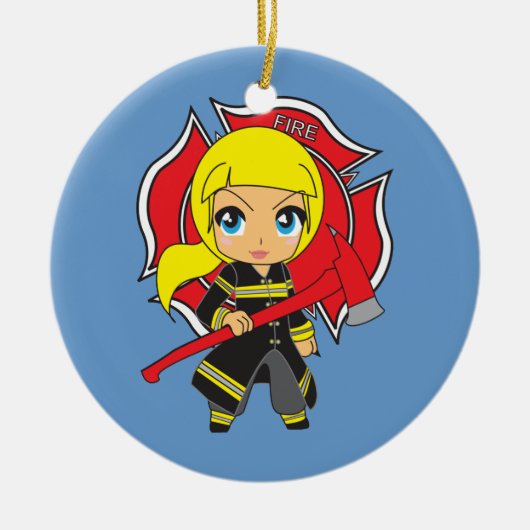 Kawaii Blonde Firefighter Girl Ornament (Voorkant)