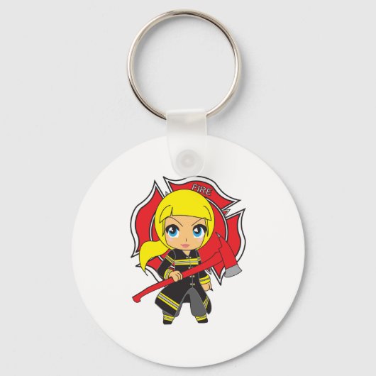 Kawaii Blonde Firefighter Girl Sleutelhanger (Voorkant)