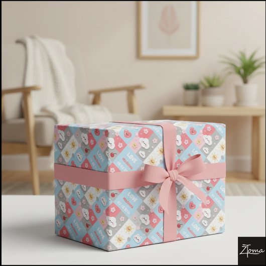 Kawaii Blossom Bunny Grid Pattern Frame Cadeaupapier