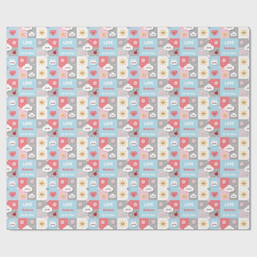 Kawaii Blossom Bunny Grid Pattern Frame Cadeaupapier (Vlak)