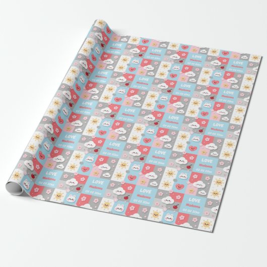 Kawaii Blossom Bunny Grid Pattern Frame Cadeaupapier (Uitgerold)