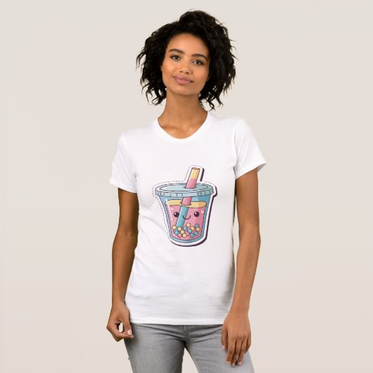 Kawaii Blue Boba Tea T-Shirt | Cute Smiling Bubble (Voorkant volledig)
