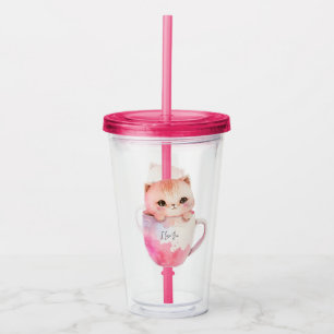 Kawaii Blushing Pink Chibi Cat Acryl Drinkbeker
