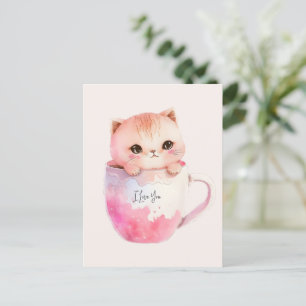 Kawaii Blushing Pink Chibi Cat Briefkaart