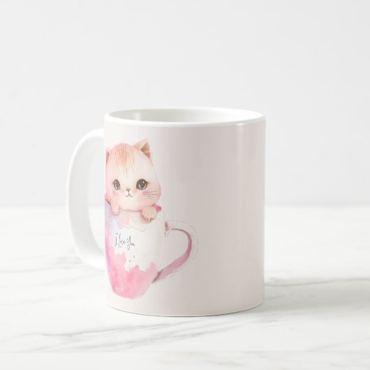 Kawaii Blushing Pink Chibi Cat Koffiemok (Voorkant links)