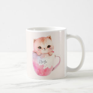 Kawaii Blushing Pink Chibi Cat Koffiemok