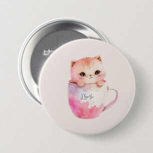 Kawaii Blushing Pink Chibi Cat Ronde Button 7,6 Cm