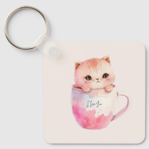 Kawaii Blushing Pink Chibi Cat Sleutelhanger