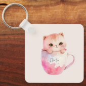 Kawaii Blushing Pink Chibi Cat Sleutelhanger (Voorkant)
