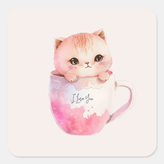 Kawaii Blushing Pink Chibi Cat Vierkante Sticker (Voorkant)