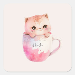 Kawaii Blushing Pink Chibi Cat Vierkante Sticker