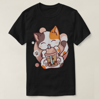 Kawaii Boba Cat Drinking Bubble Tea Tee T-shirt