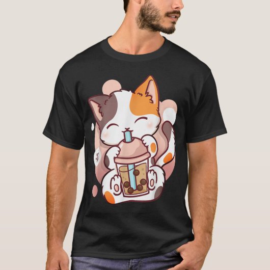 Kawaii Boba Cat Drinking Bubble Tea Tee T-shirt (Voorkant)