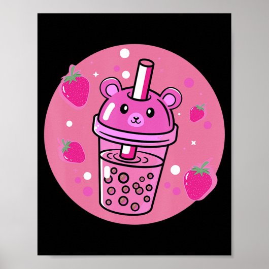 Kawaii Boba Cup Strawberry Anime Bubble Tea Cute Poster (Voorkant)