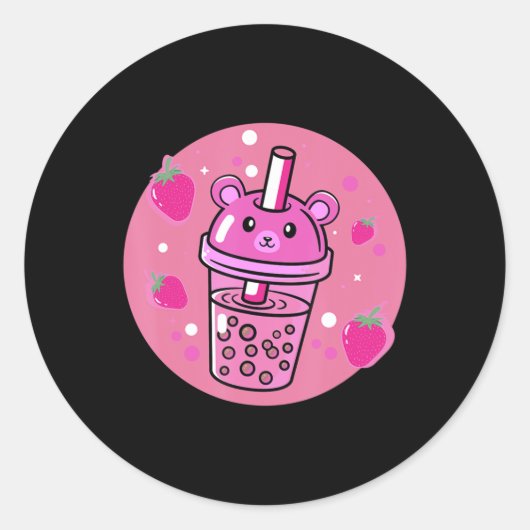 Kawaii Boba Cup Strawberry Anime Bubble Tea Cute Ronde Sticker (Voorkant)