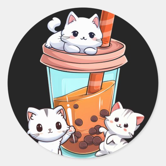 Kawaii Boba Tea Cat Neko Bubble Tea Kitten Ronde Sticker (Voorkant)