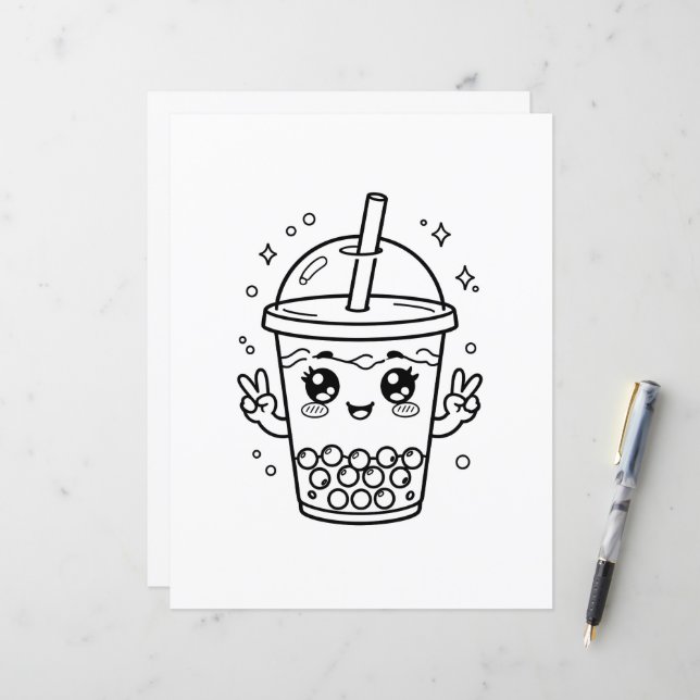 Kawaii boba-thee kleurplaat (Voorkant / Achterkant in situ)