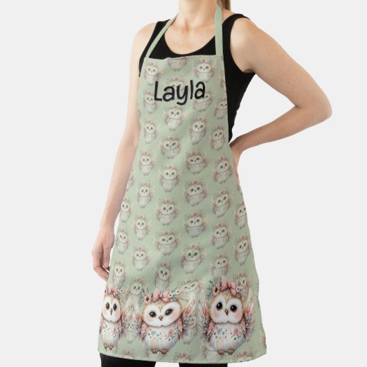 Kawaii Boho Uil Illustratie groen Schort (Insitu)