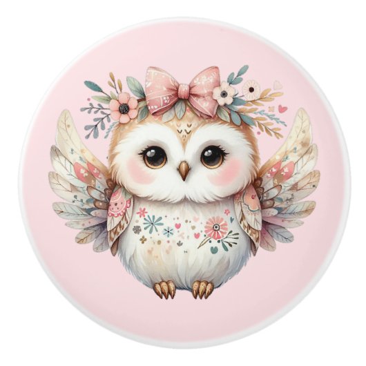 Kawaii Boho Uil Illustratie Keramische Knop (Voorkant)