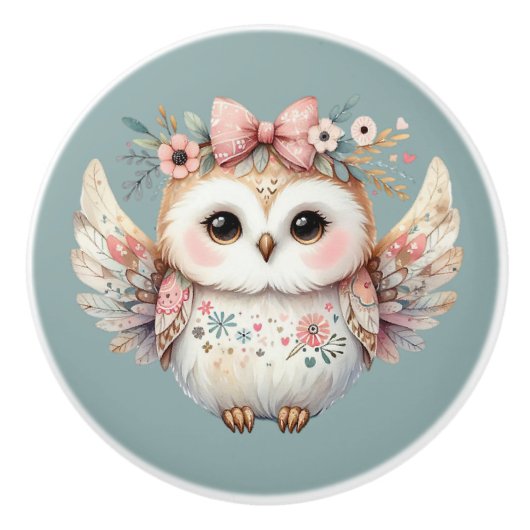 Kawaii Boho Uil Illustratie Keramische Knop (Voorkant)