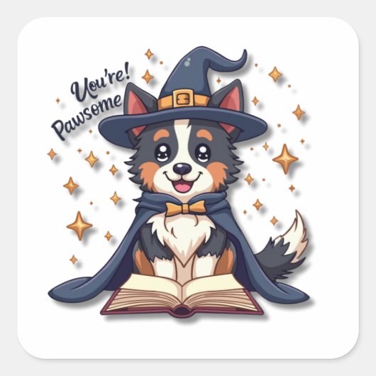 Kawaii Border Collie Wizard Vierkante Sticker (Voorkant)