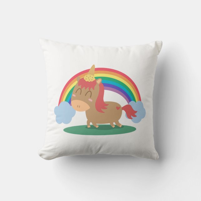 Kawaii Brown Horse probeert een Unicorn te worden Kussen (Voorkant)