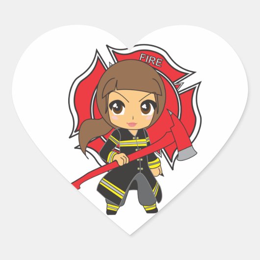 Kawaii Brunette Firefighter Girl - Hart Sticker (Voorkant)