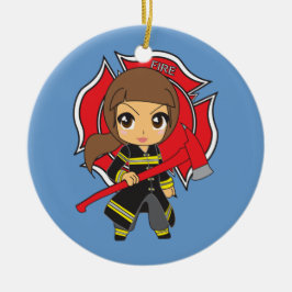 Kawaii Brunette Firefighter Girl Ornament