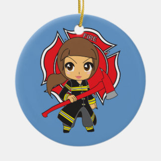 Kawaii Brunette Firefighter Girl Ornament