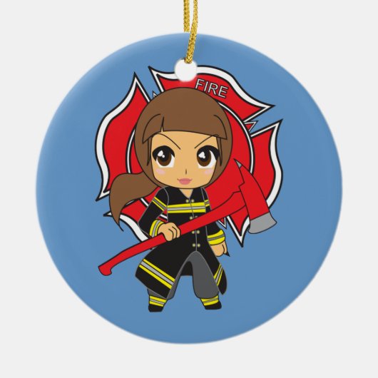 Kawaii Brunette Firefighter Girl Ornament (Voorkant)
