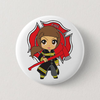 Kawaii Brunette Firefighter Girl - Ronde Button 5,7 Cm