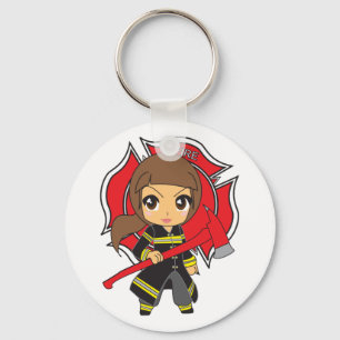 Kawaii Brunette Firefighter Girl Sleutelhanger