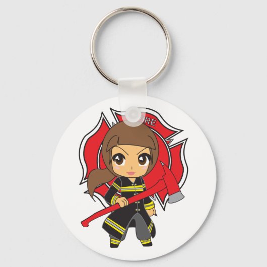 Kawaii Brunette Firefighter Girl Sleutelhanger (Voorkant)