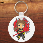 Kawaii Brunette Firefighter Girl Sleutelhanger (Voorkant)