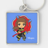 Kawaii Brunette Firefighter Girl Sleutelhanger (Voorkant)