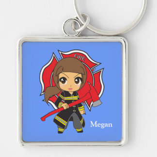 Kawaii Brunette Firefighter Girl Sleutelhanger