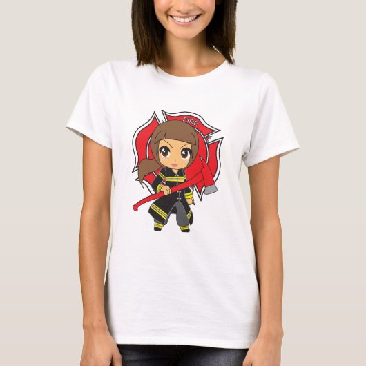 Kawaii Brunette Firefighter Girl -  T-shirt (Voorkant)