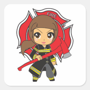 Kawaii Brunette Firefighter Girl - Vierkante Sticker