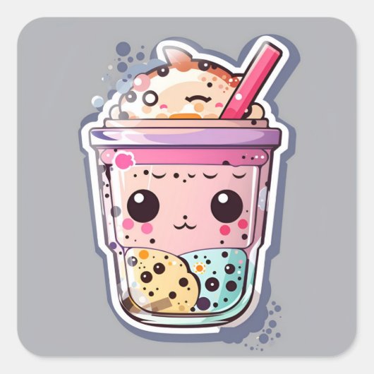 Kawaii, bubbelthee, svg sticker, platte afbeelding vierkante sticker (Voorkant)