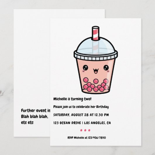 Kawaii Bubble Tea Birthday Party Invitation Kaart (Voorkant / Achterkant)
