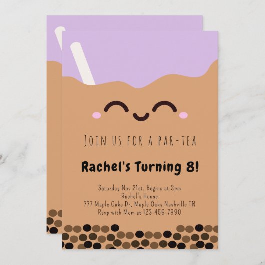 Kawaii Bubble Tea Par-tea Uitnodiging voor verjaar (Voorkant / Achterkant)