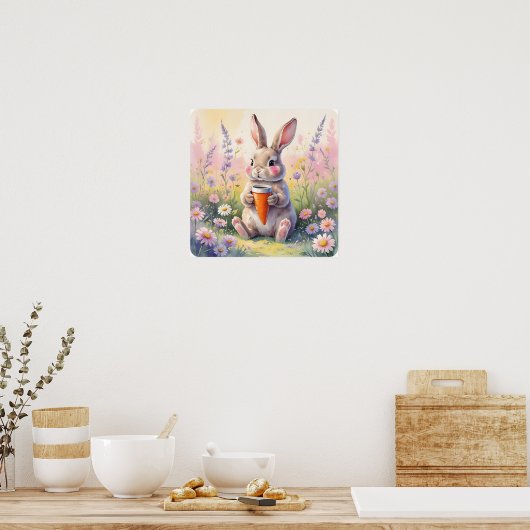 Kawaii Bunny Mok – Waterverf Bloemenveld Print (Keuken)