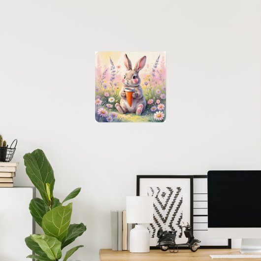 Kawaii Bunny Mok – Waterverf Bloemenveld Print (Thuiskantoor)
