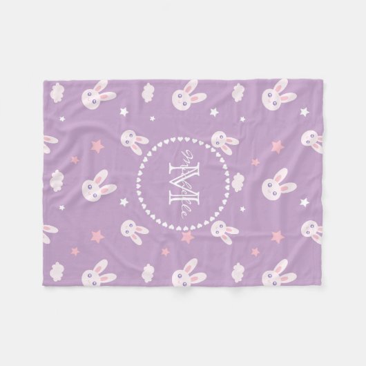 Kawaii Bunny Rabbit Pastel Paars Pattern Monogram Fleece Deken (Voorkant (Horizontaal))