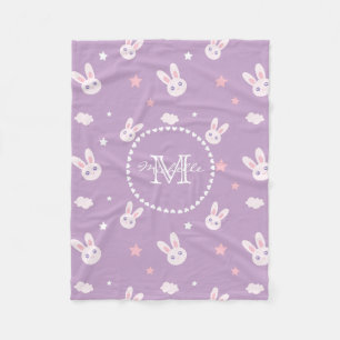 Kawaii Bunny Rabbit Pastel Paars Pattern Monogram Fleece Deken