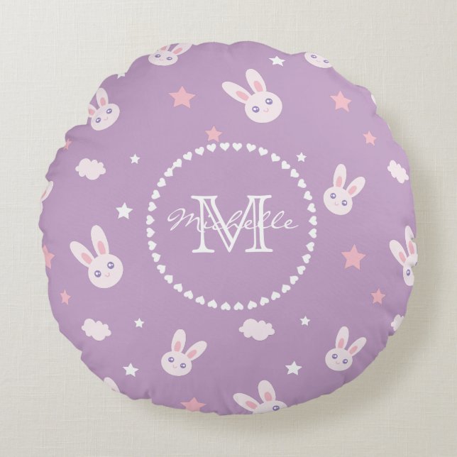 Kawaii Bunny Rabbit Pastel Paars Pattern Monogram Rond Kussen (Voorkant)