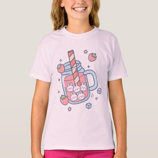 Kawaii Bunny Strawberry Drink T-shirt (Voorkant)
