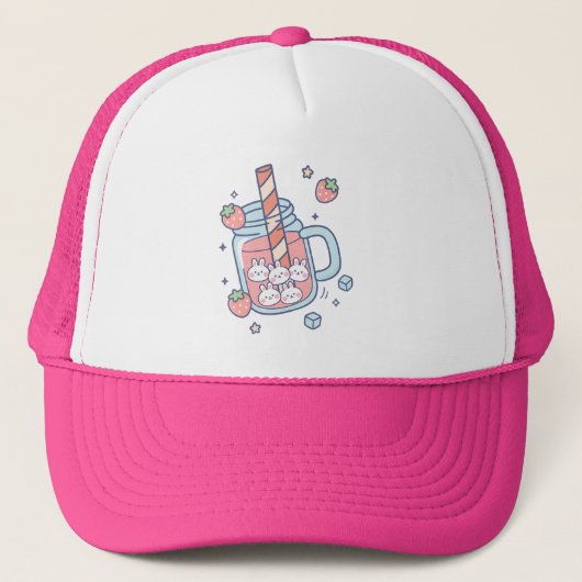 Kawaii Bunny Strawberry Drink Trucker Pet (Voorkant)