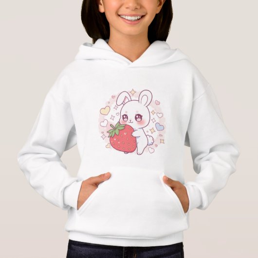 Kawaii Bunny with Strawberry – Cute Pastel Hoodie (Voorkant)